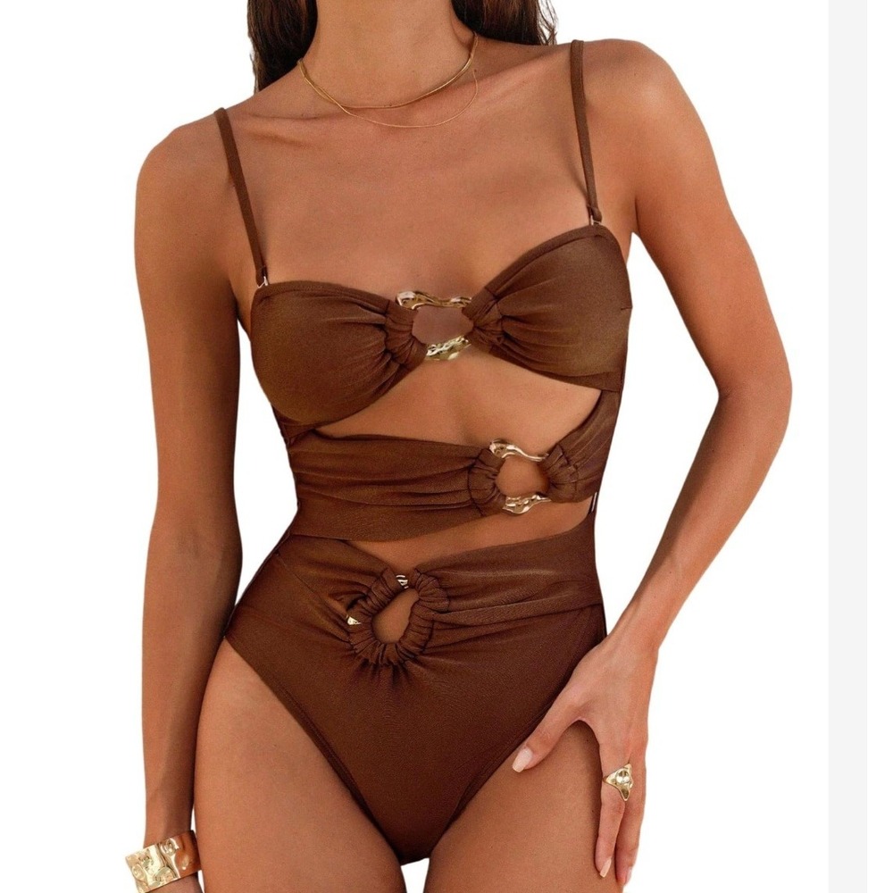 OYOANGLE Women Brown One Piece Cutout Swimsuit Gold Ring Detail XL NEW